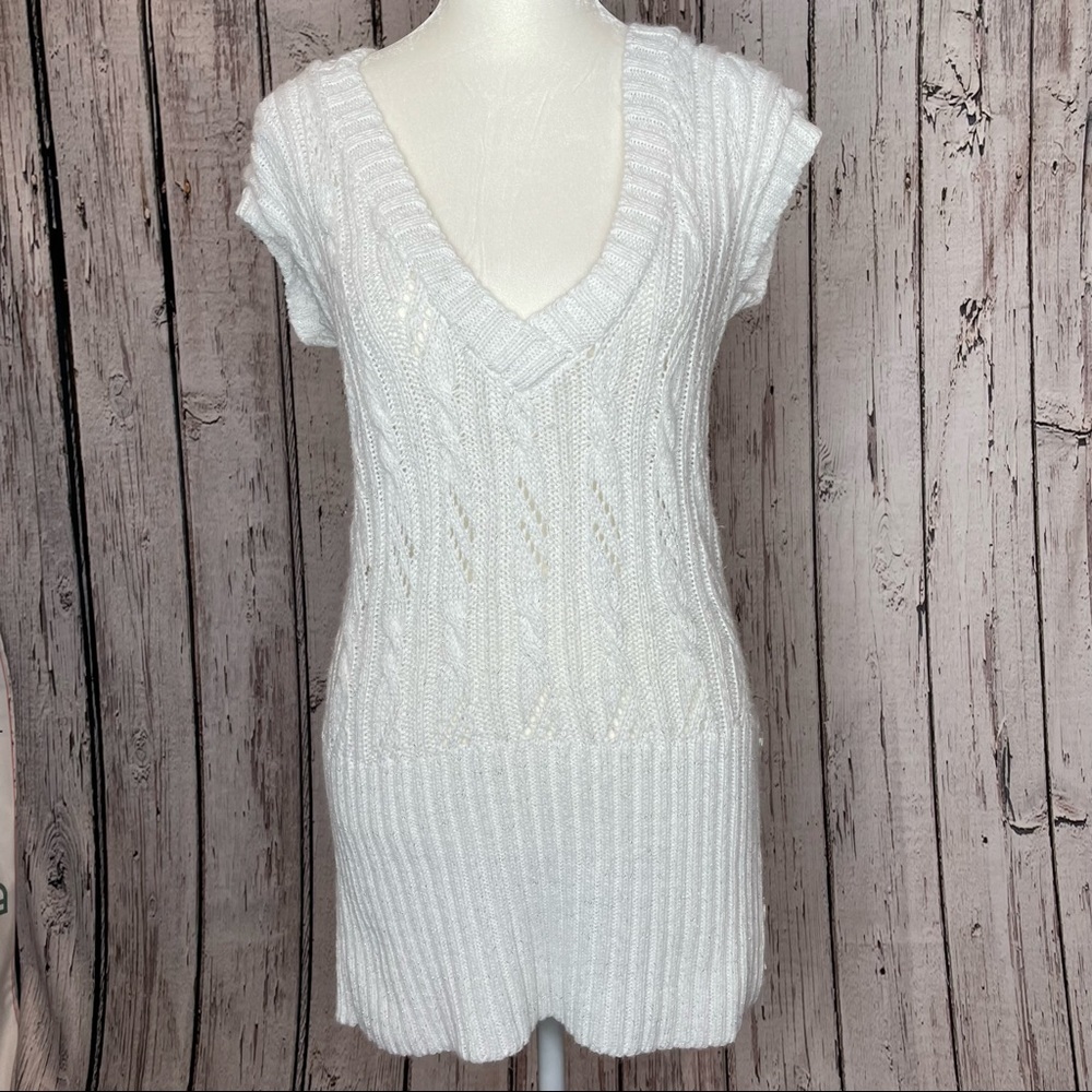 Wet Seal <Vintage Y2K> White/Cream Shimmer Sweater Vest Tunic Cap Sleeve Medium